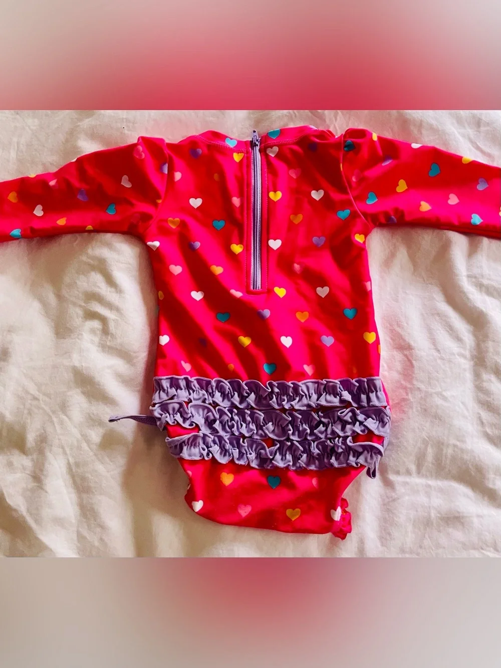 Ruffle Butts Hot Pink Heart Print Long Sleeve Swimsuit